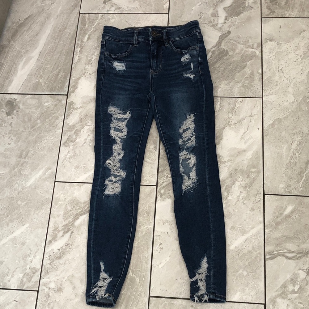 AMERICAN EAGLE Next Level Stretch High Rise Destroyed Cropped Jeggings | 2 Shot